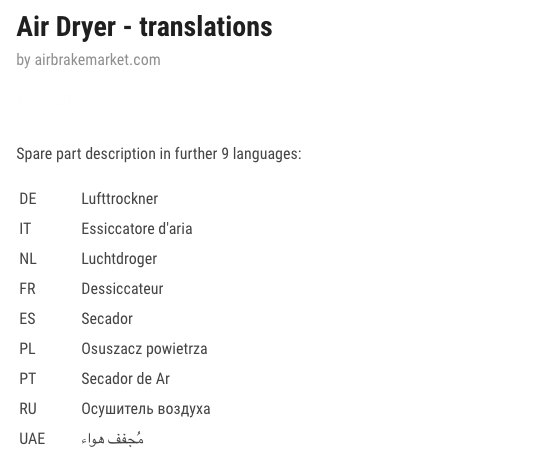 Air-brake parts translated to 10 languages (unit dictionary)